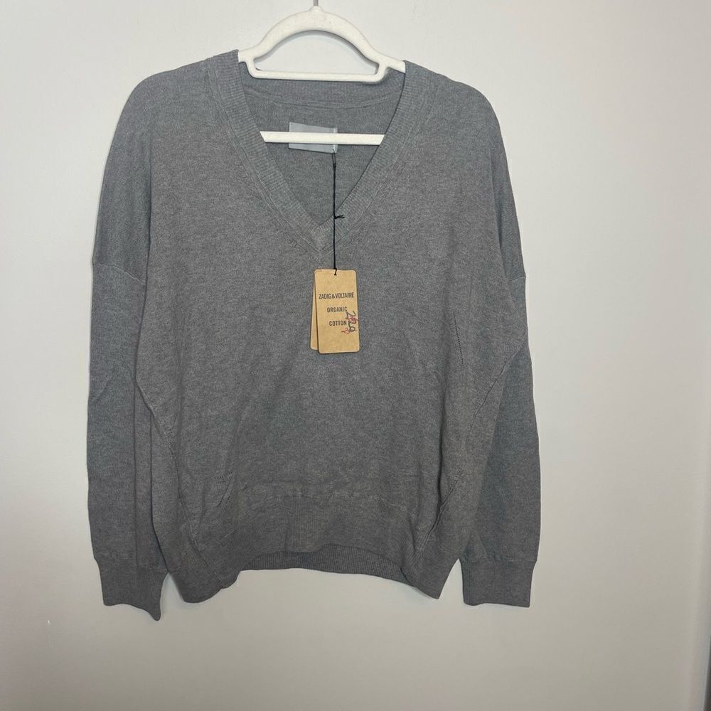 ZADIG & VOLTAIRE Brumy V-Neck Sweater Slub Cotton Gray Size Small - Picture 9 of 12